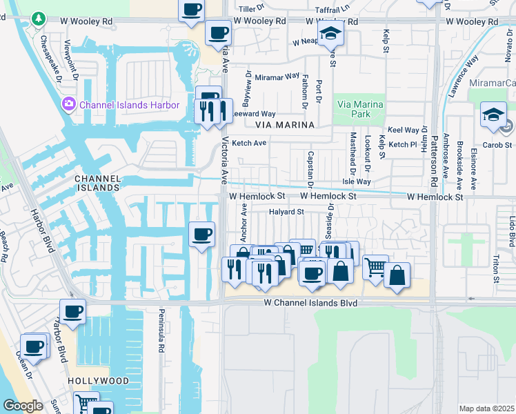map of restaurants, bars, coffee shops, grocery stores, and more near 779 Halyard Street in Port Hueneme