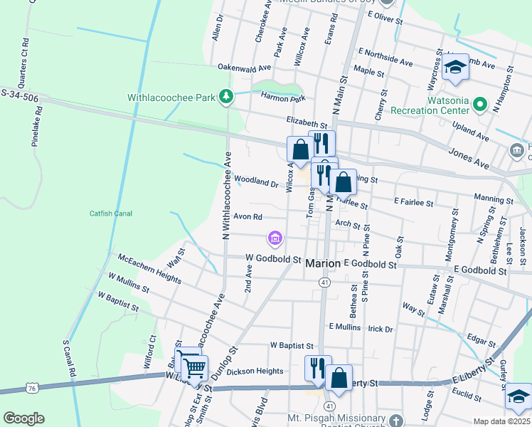 map of restaurants, bars, coffee shops, grocery stores, and more near 305 Avon Road in Marion