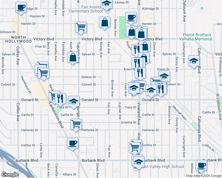 map of restaurants, bars, coffee shops, grocery stores, and more near 6046 Fair Avenue in Los Angeles