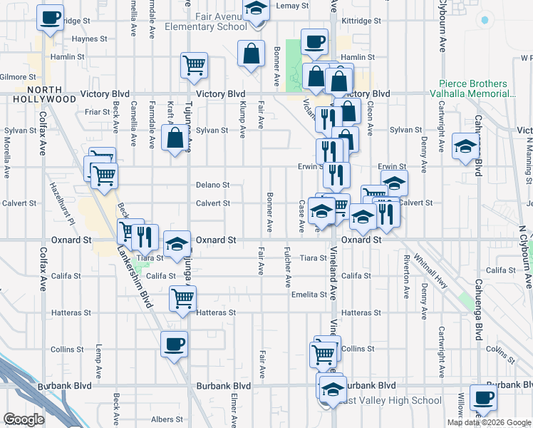 map of restaurants, bars, coffee shops, grocery stores, and more near 6046 Fair Avenue in Los Angeles