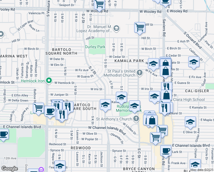 map of restaurants, bars, coffee shops, grocery stores, and more near 2024 South J Street in Oxnard