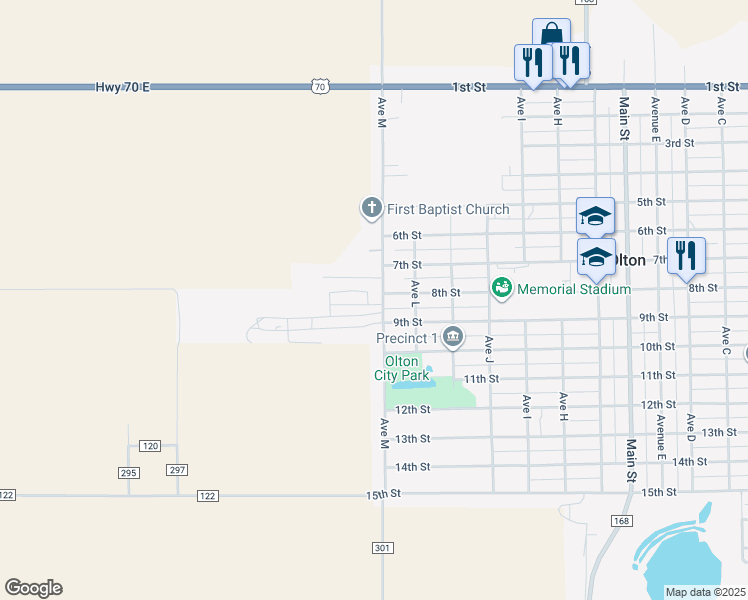 map of restaurants, bars, coffee shops, grocery stores, and more near 1300 8th Street in Olton