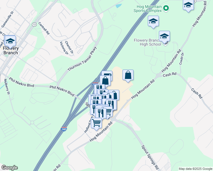 map of restaurants, bars, coffee shops, grocery stores, and more near 5865 Spout Springs Road in Flowery Branch