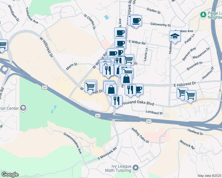 map of restaurants, bars, coffee shops, grocery stores, and more near 35 North Moorpark Road in Thousand Oaks