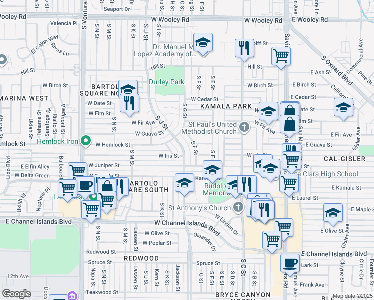 map of restaurants, bars, coffee shops, grocery stores, and more near 2024 South J Street in Oxnard