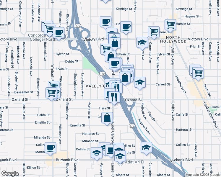 map of restaurants, bars, coffee shops, grocery stores, and more near 6041 Laurel Canyon Boulevard in Los Angeles