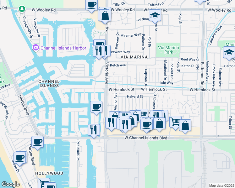 map of restaurants, bars, coffee shops, grocery stores, and more near 2672 Anchor Avenue in Port Hueneme