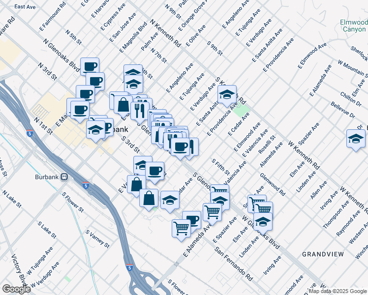 map of restaurants, bars, coffee shops, grocery stores, and more near 500 South Glenoaks Boulevard in Burbank