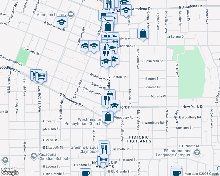 map of restaurants, bars, coffee shops, grocery stores, and more near 931 Morada Place in Altadena