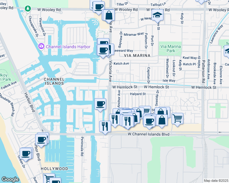 map of restaurants, bars, coffee shops, grocery stores, and more near 2670 Victoria Avenue in Port Hueneme