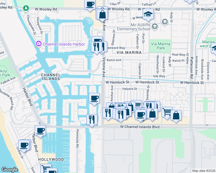 map of restaurants, bars, coffee shops, grocery stores, and more near 2660 Anchor Avenue in Port Hueneme