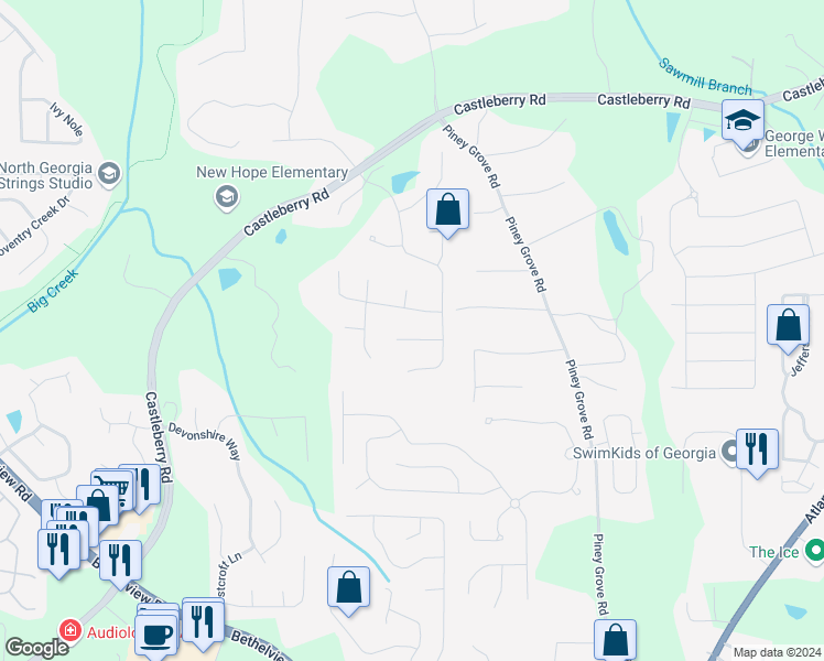 map of restaurants, bars, coffee shops, grocery stores, and more near 5350 Hidden Hall Road in Cumming