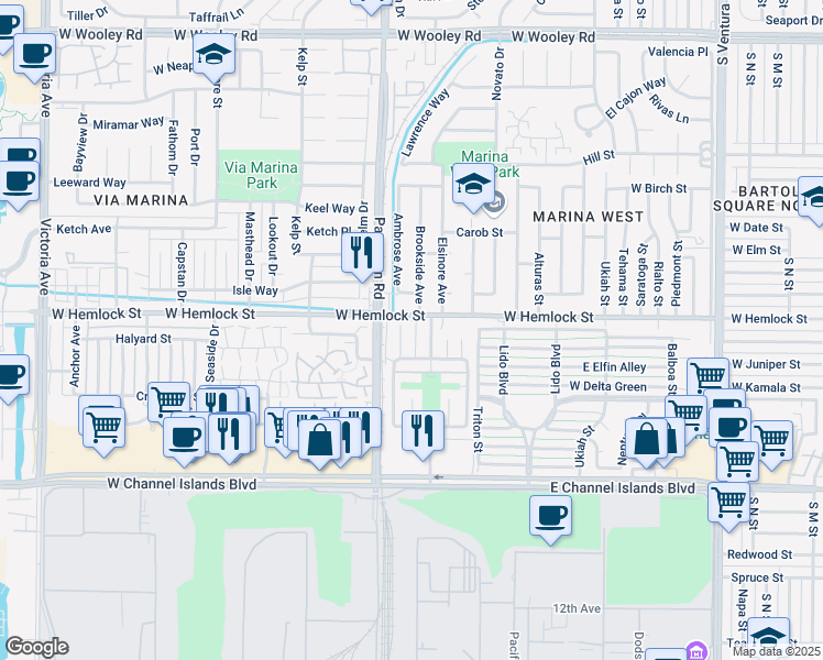 map of restaurants, bars, coffee shops, grocery stores, and more near 2746 Wendy Place in Port Hueneme
