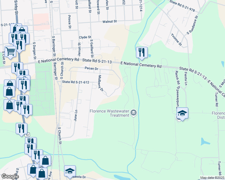 map of restaurants, bars, coffee shops, grocery stores, and more near 714 East National Cemetery Road in Florence