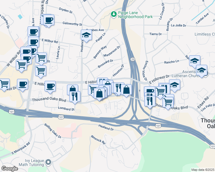 map of restaurants, bars, coffee shops, grocery stores, and more near 747 Irving Drive in Thousand Oaks