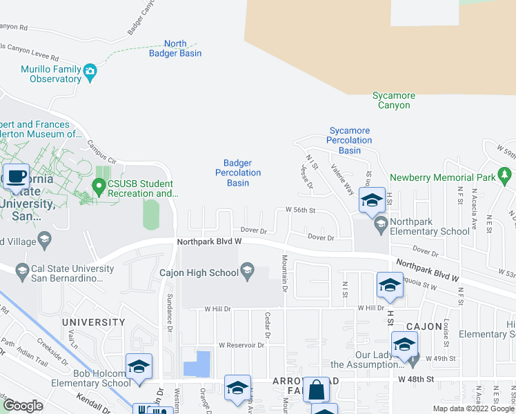 map of restaurants, bars, coffee shops, grocery stores, and more near 5584 Osborne Court in San Bernardino