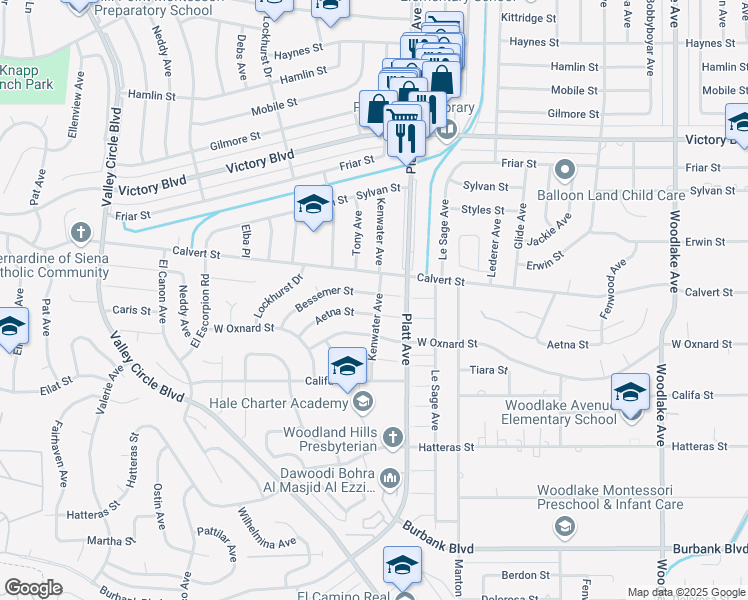 map of restaurants, bars, coffee shops, grocery stores, and more near 23800 Bessemer Street in Los Angeles