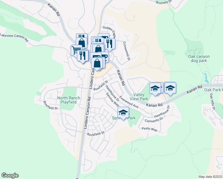 map of restaurants, bars, coffee shops, grocery stores, and more near 5034 Evanwood Avenue in Oak Park