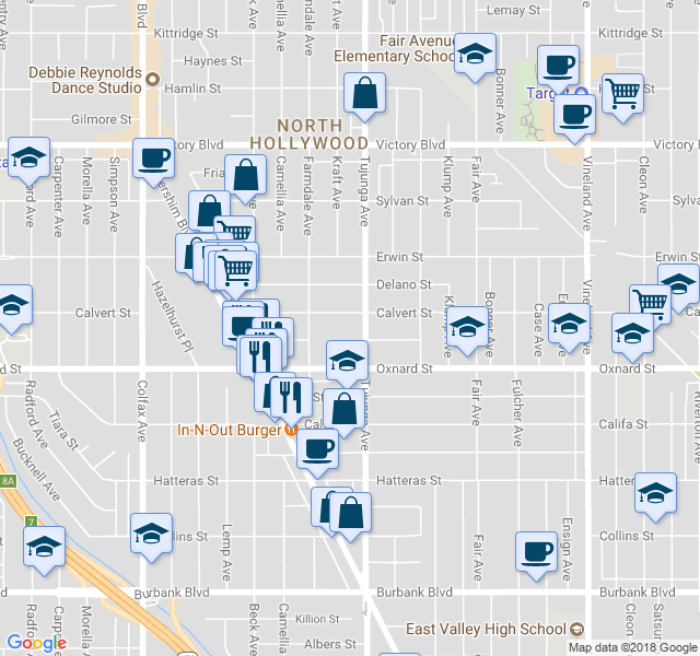 map of restaurants, bars, coffee shops, grocery stores, and more near 11414 Calvert Street in Los Angeles