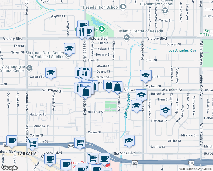 map of restaurants, bars, coffee shops, grocery stores, and more near 18328 Bessemer Street in Los Angeles