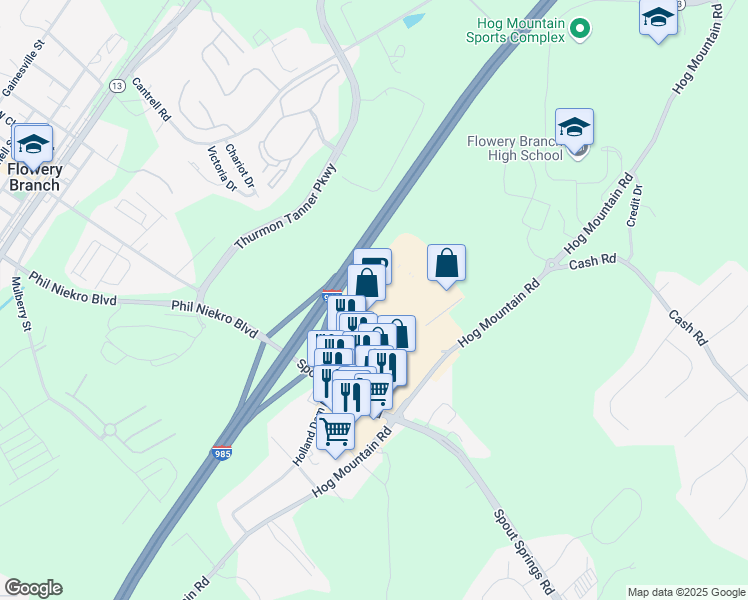 map of restaurants, bars, coffee shops, grocery stores, and more near 5865 Spout Springs Road in Flowery Branch