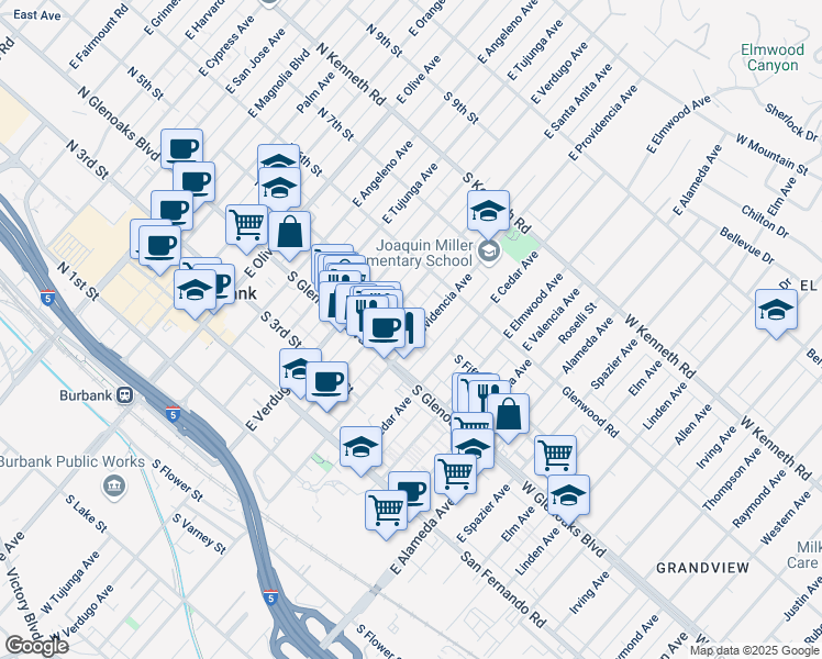 map of restaurants, bars, coffee shops, grocery stores, and more near 469 East Providencia Avenue in Burbank