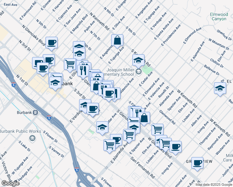 map of restaurants, bars, coffee shops, grocery stores, and more near 469 East Providencia Avenue in Burbank