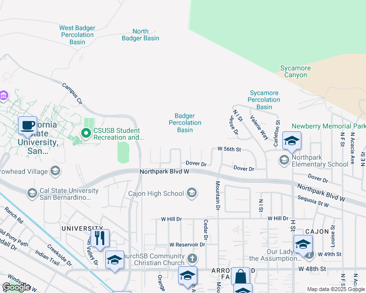 map of restaurants, bars, coffee shops, grocery stores, and more near 5595 Westwind Drive in San Bernardino