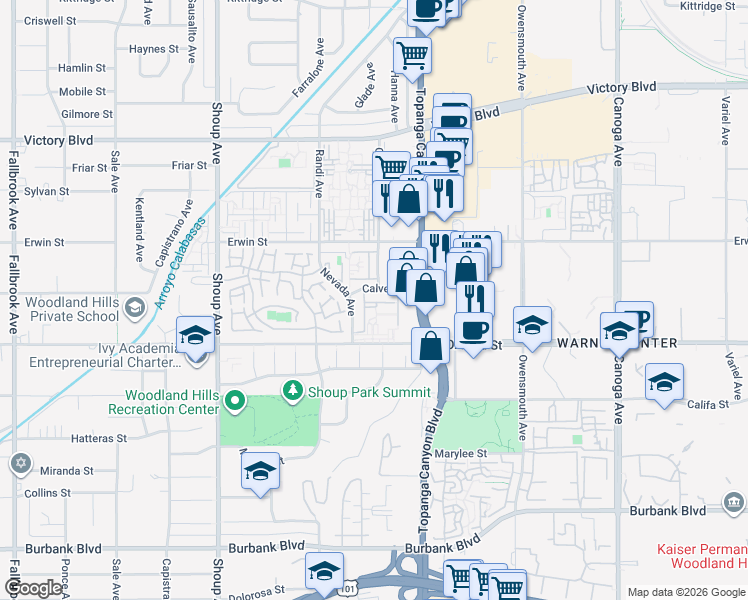 map of restaurants, bars, coffee shops, grocery stores, and more near 22050 Calvert Street in Los Angeles