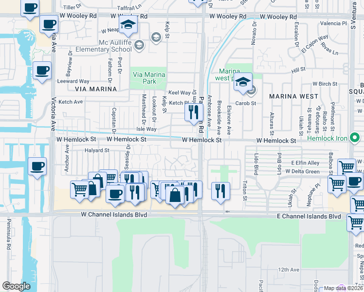 map of restaurants, bars, coffee shops, grocery stores, and more near 447 Corvette Street in Port Hueneme