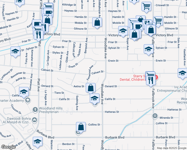 map of restaurants, bars, coffee shops, grocery stores, and more near 23264 Calvert Street in Los Angeles