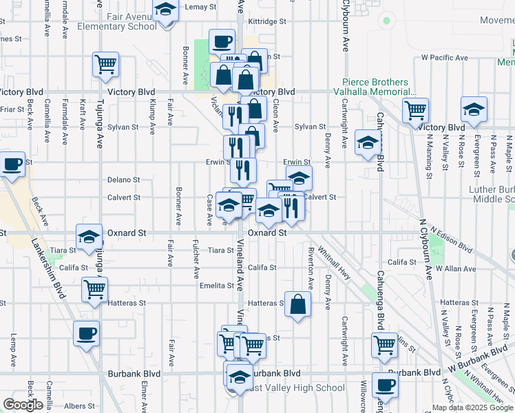 map of restaurants, bars, coffee shops, grocery stores, and more near 6049 Craner Avenue in Los Angeles