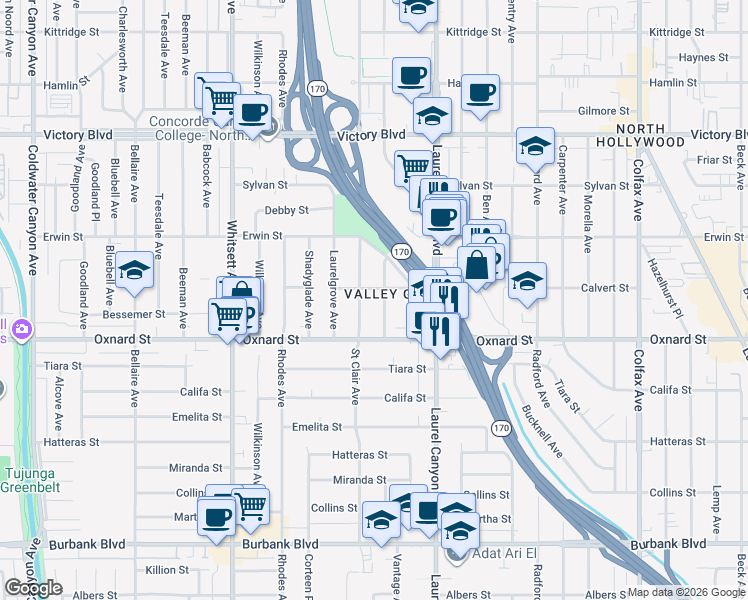 map of restaurants, bars, coffee shops, grocery stores, and more near 6049 Bellingham Avenue in Los Angeles