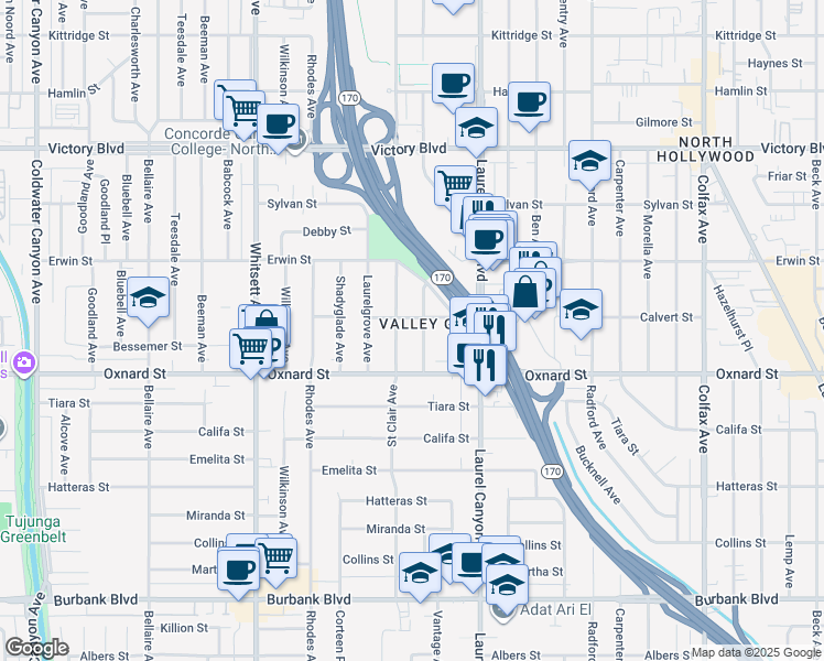 map of restaurants, bars, coffee shops, grocery stores, and more near 6049 Bellingham Avenue in Los Angeles