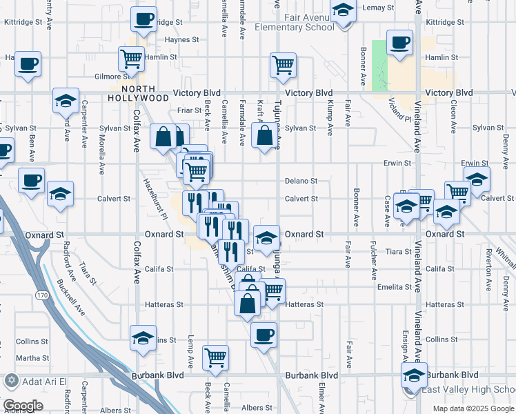 map of restaurants, bars, coffee shops, grocery stores, and more near 11426 Calvert Street in Los Angeles