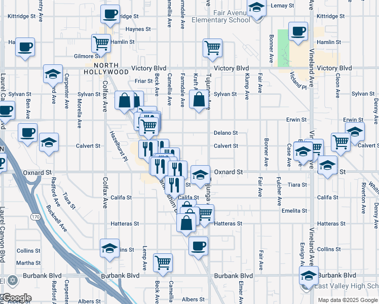 map of restaurants, bars, coffee shops, grocery stores, and more near 11426 Calvert Street in Los Angeles