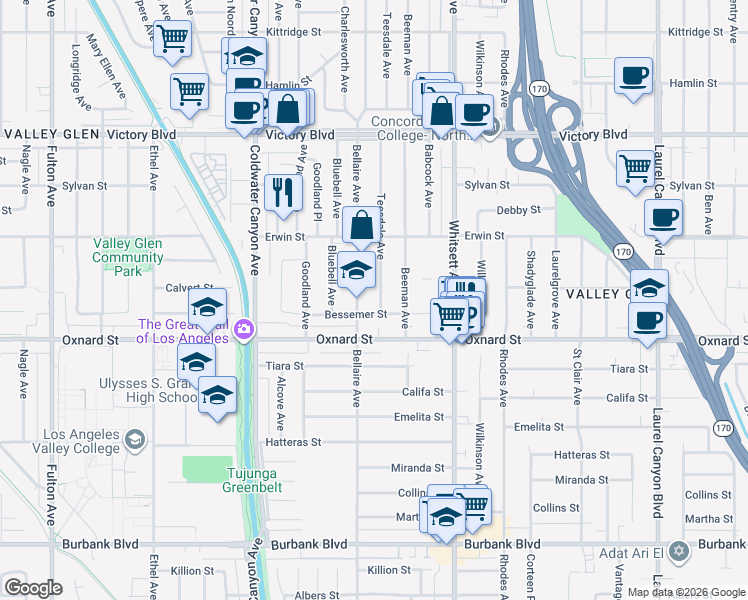 map of restaurants, bars, coffee shops, grocery stores, and more near 6033 Teesdale Avenue in Los Angeles