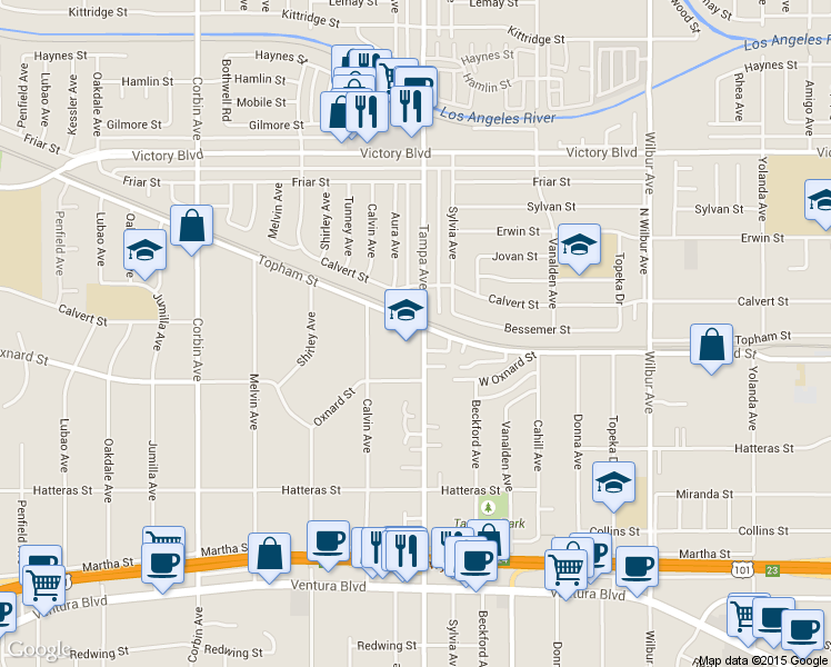 map of restaurants, bars, coffee shops, grocery stores, and more near 6043 Tampa Avenue in Los Angeles