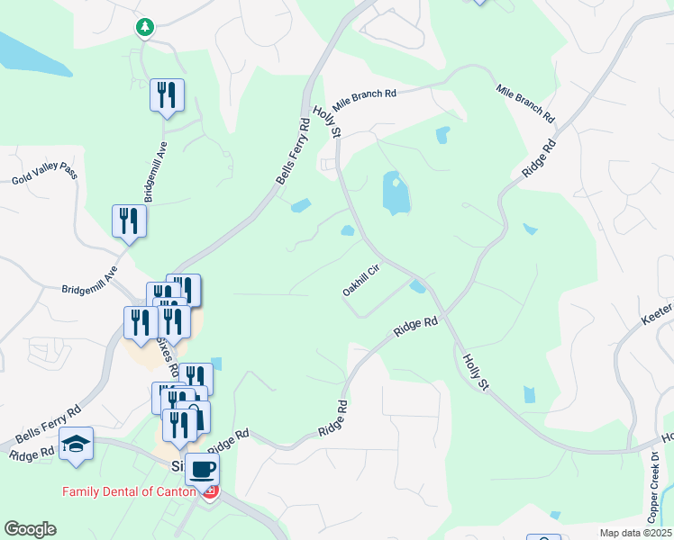 map of restaurants, bars, coffee shops, grocery stores, and more near 198 Oakhill Circle in Canton