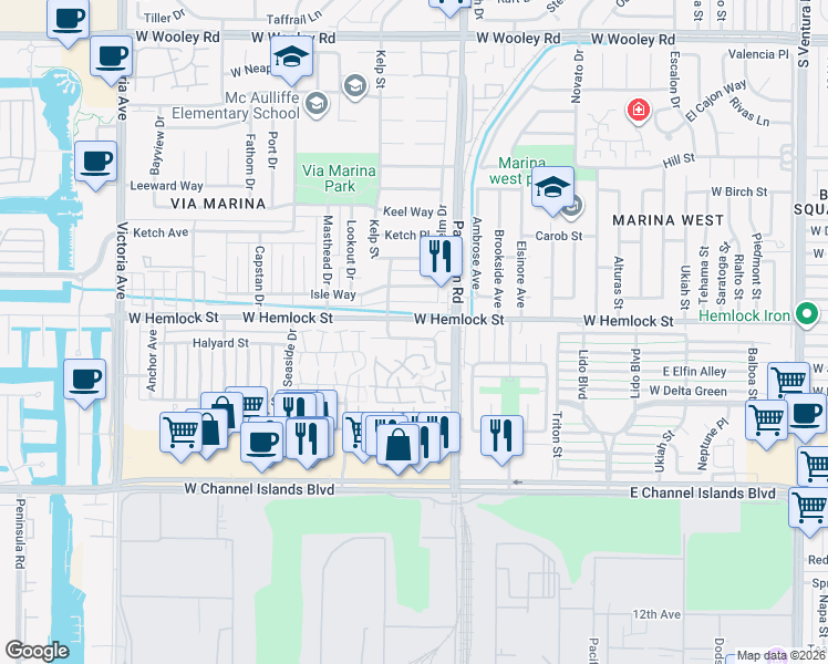 map of restaurants, bars, coffee shops, grocery stores, and more near 447 Corvette Street in Port Hueneme
