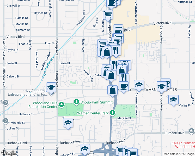 map of restaurants, bars, coffee shops, grocery stores, and more near 22050 Calvert Street in Los Angeles