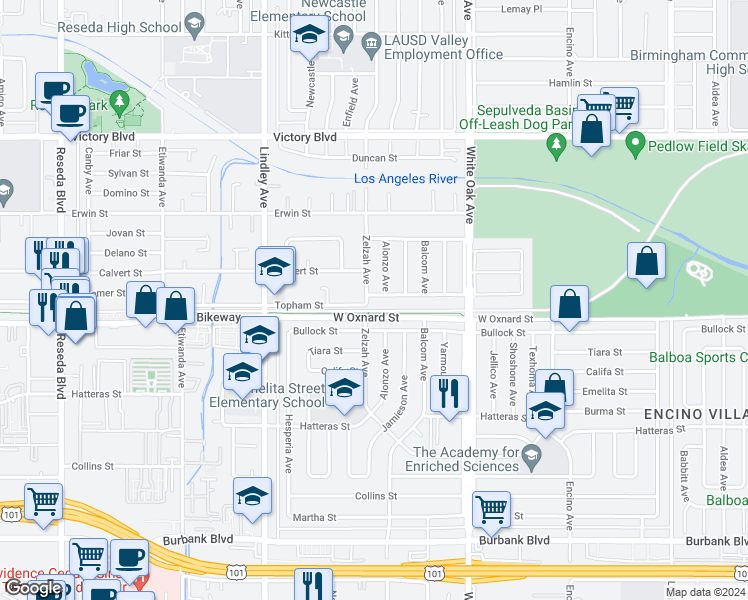 map of restaurants, bars, coffee shops, grocery stores, and more near 17860 Bessemer Street in Los Angeles