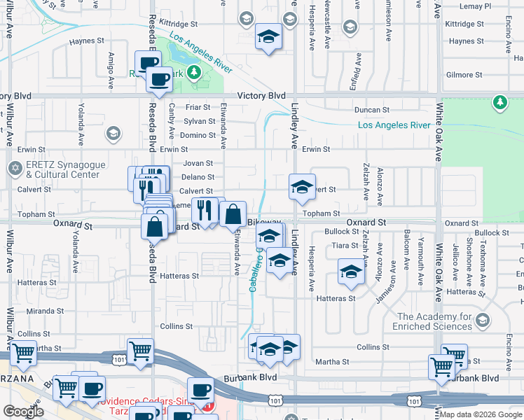 map of restaurants, bars, coffee shops, grocery stores, and more near 18210 Orange Line Busway Bike Path in Los Angeles
