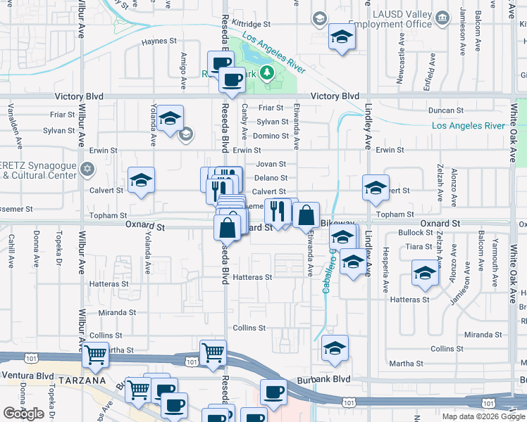 map of restaurants, bars, coffee shops, grocery stores, and more near 18334 Bessemer Street in Los Angeles