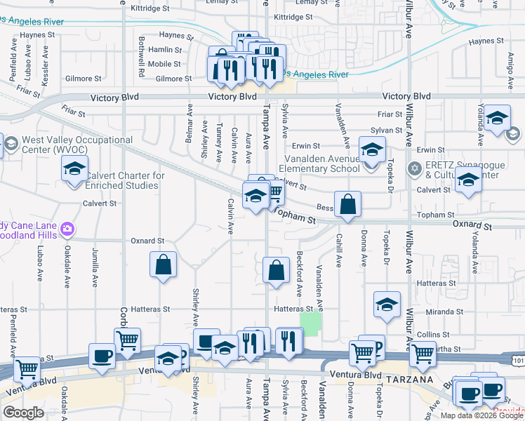 map of restaurants, bars, coffee shops, grocery stores, and more near 6047 Tampa Avenue in Los Angeles