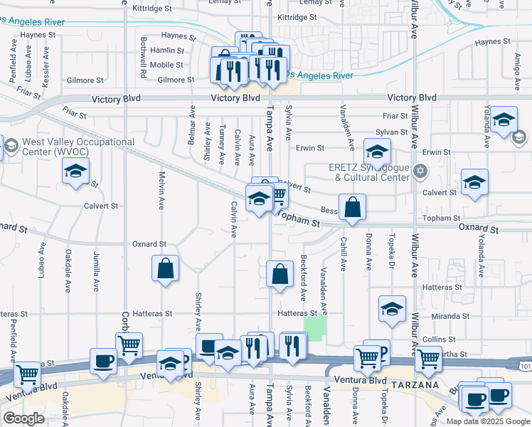 map of restaurants, bars, coffee shops, grocery stores, and more near 6047 Tampa Avenue in Los Angeles