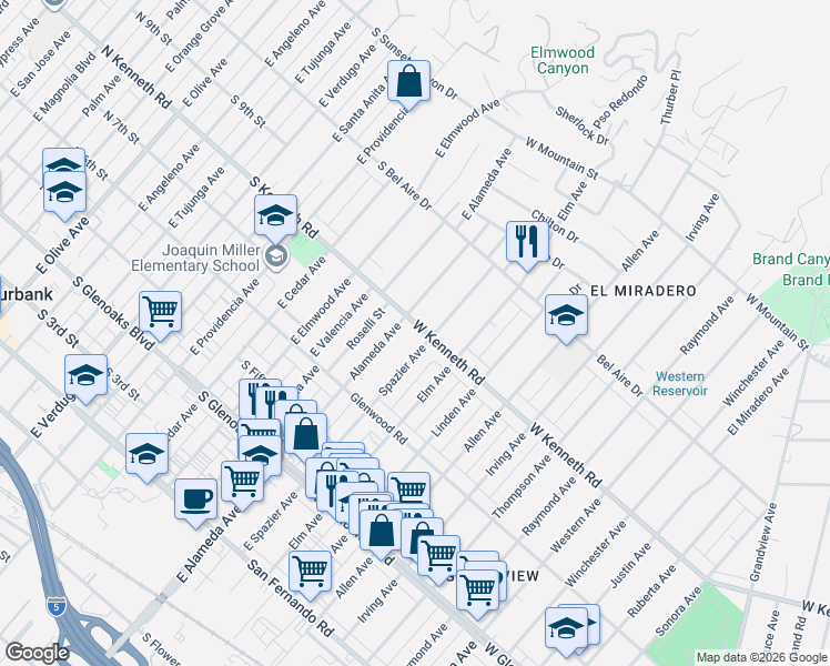map of restaurants, bars, coffee shops, grocery stores, and more near 2040 West Kenneth Road in Glendale