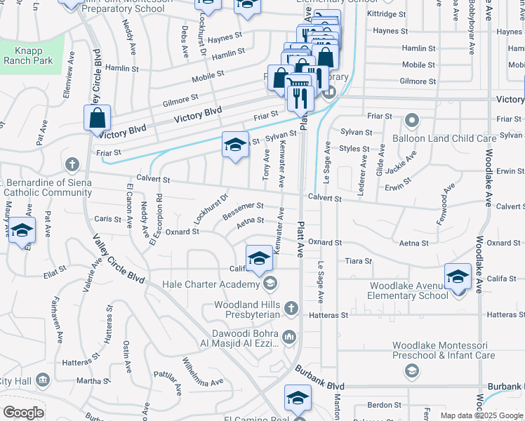 map of restaurants, bars, coffee shops, grocery stores, and more near 23822 Bessemer Street in Los Angeles