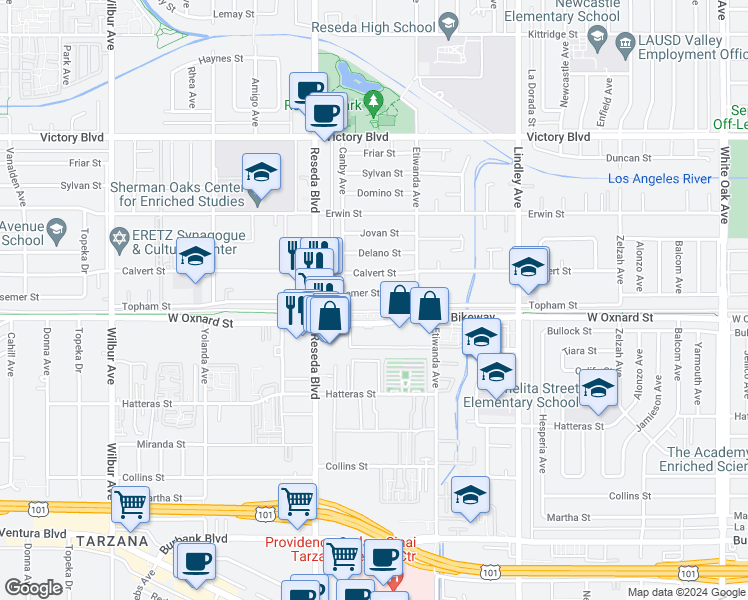 map of restaurants, bars, coffee shops, grocery stores, and more near 18352 Bessemer Street in Los Angeles