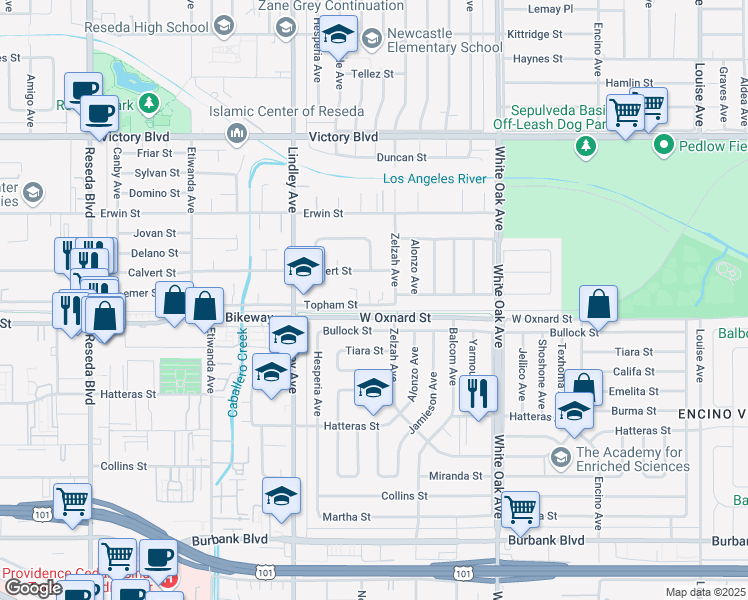 map of restaurants, bars, coffee shops, grocery stores, and more near 17933 Topham Street in Los Angeles